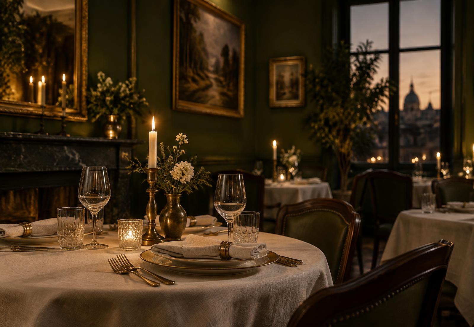 Sala di un ristorante con tavolo apparecchiato e luce calda